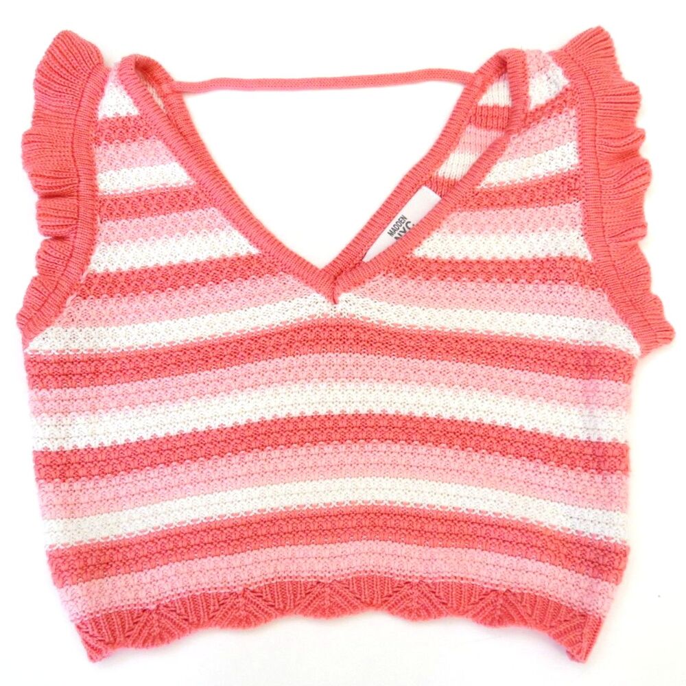 Madden NYC Crochet V Neck Flutter Sleeve Crop Top Festival Pink XS EUC